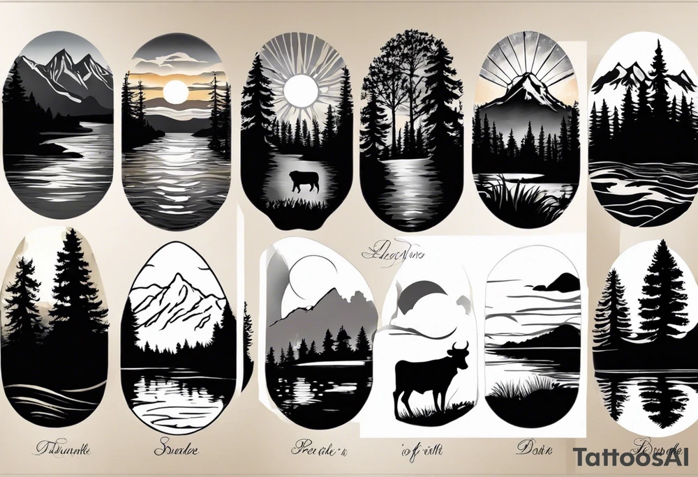 I want a calf tattoo with a super realistic paw print, including lifelike texture and shading, especially on the nails. Inside the paw print, there's a detailed nature scene: mountains, a lake, a stream, and southern oak trees with wide canopies like a traditional southern background. Keep the peeks of the mountains soft. The sun peeks over the mountains, shining and reflecting over the land and water, with realistic shading for depth. Around the paw print, l'd like a splotchy, fading background for a natural, textured look, but without any animals. The overall style should be detailed and realistic, with strong shading and dimension. No color and very realistic in the paw. tattoo idea