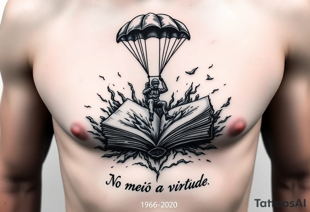 A parachuting soldier landing into an open book. Chaos surrounding, but the book is protecting the soldier from it. On the chest. Make it smaller. Thought provoking. 1936-2020  and "No meio esta a virtude" underneath the book tattoo idea