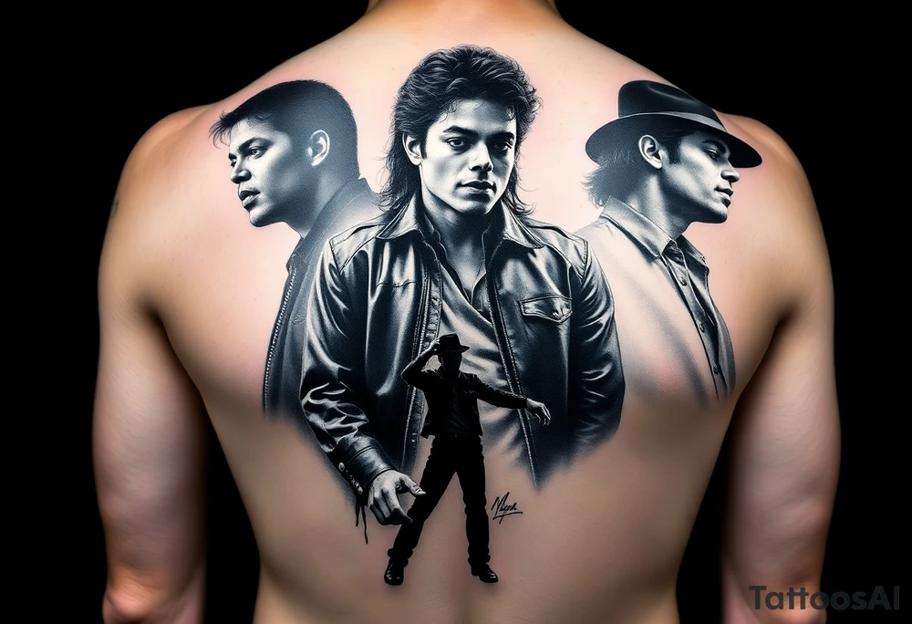 A detailed realism tattoo design for an upper arm sleeve, featuring a collage of Michael Jackson throughout his career. Top features a Thriller-era portrait, middle shows a Dangerous-era portrait with detailed leather jacket textures, and the bottom fades into his iconic silhouette dancing in a spotlight with his fedora hat and glove. Masterpiece, high-contrast black and grey tattoo flash, cinematic lighting, photorealistic, tattoo idea