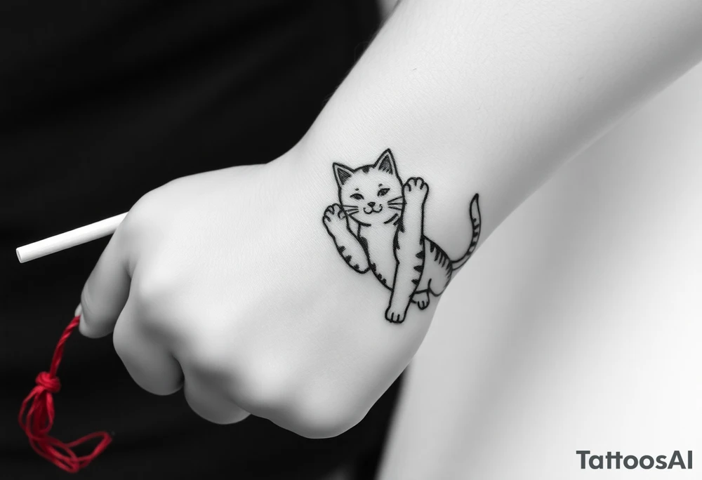 chinese chopsticks with a red thread by the end of it,
about 5cm long , 1 cm wide
it goes into the anterior part of the left wrist
besides the chopstick lies a chinese cat drawing waving its riht arm tattoo idea