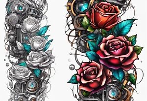 Blend roses and robotic circuitry for an arm sleeve tattoo idea