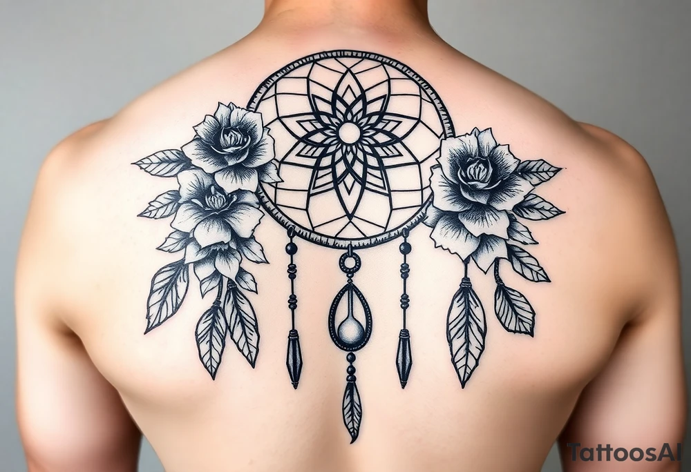 Boho dream catcher with gothic compass and hourglass. Beautiful flowers and an ornamental chandelier like look tattoo idea