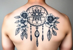 Boho dream catcher with gothic compass and hourglass. Beautiful flowers and an ornamental chandelier like look tattoo idea