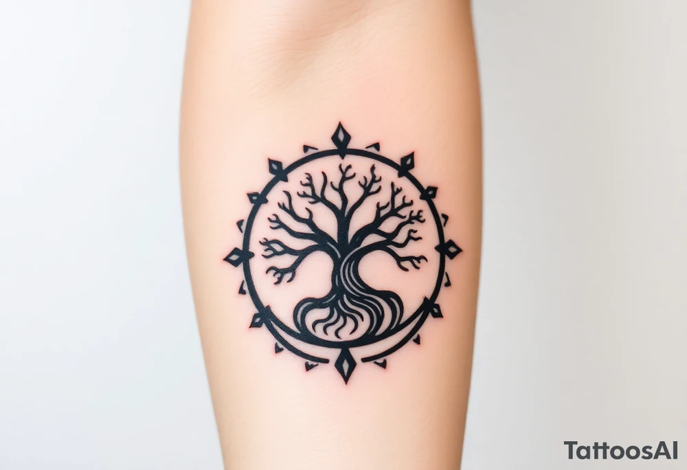 Tree encircled in a spiral circle tattoo idea