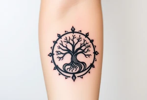 Tree encircled in a spiral circle tattoo idea