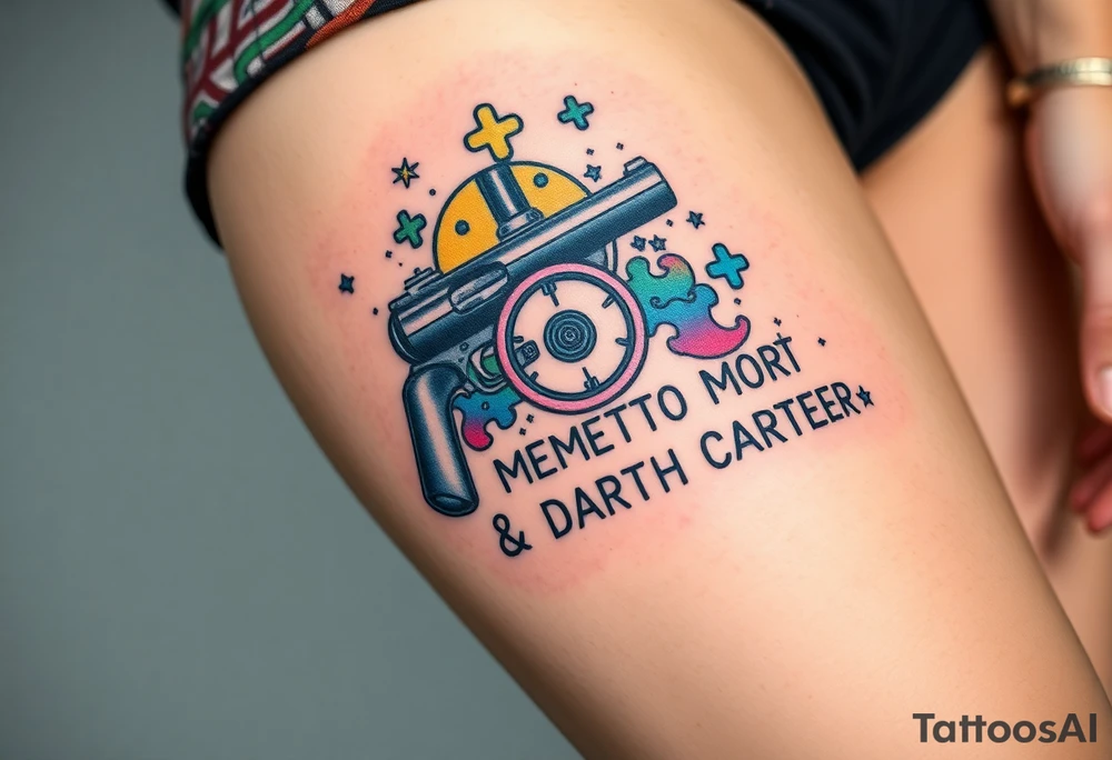 colorful futuristic memory tattoo for passed boyfriend;, star wars, Harley Davidson, skateboarding, puzzle pieces, video games, heaven, god, outdoors, beretta 9mm gun, disc golf, words MEMENTO MORI & DARTH CARTER tattoo idea
