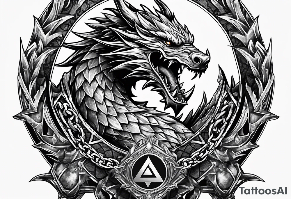 Valhalla sword shield dragon axe Valknut barbed wire chains fire tattoo idea
