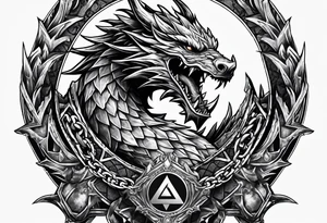 Valhalla sword shield dragon axe Valknut barbed wire chains fire tattoo idea