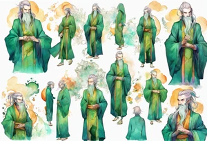 A tall, slender, beautiful man with green skin, He is tall and slender, with pale green skin, long rainbow hair, and a gold and green beard. Amber colored eyes. Wearing a teal monastic robe. tattoo idea