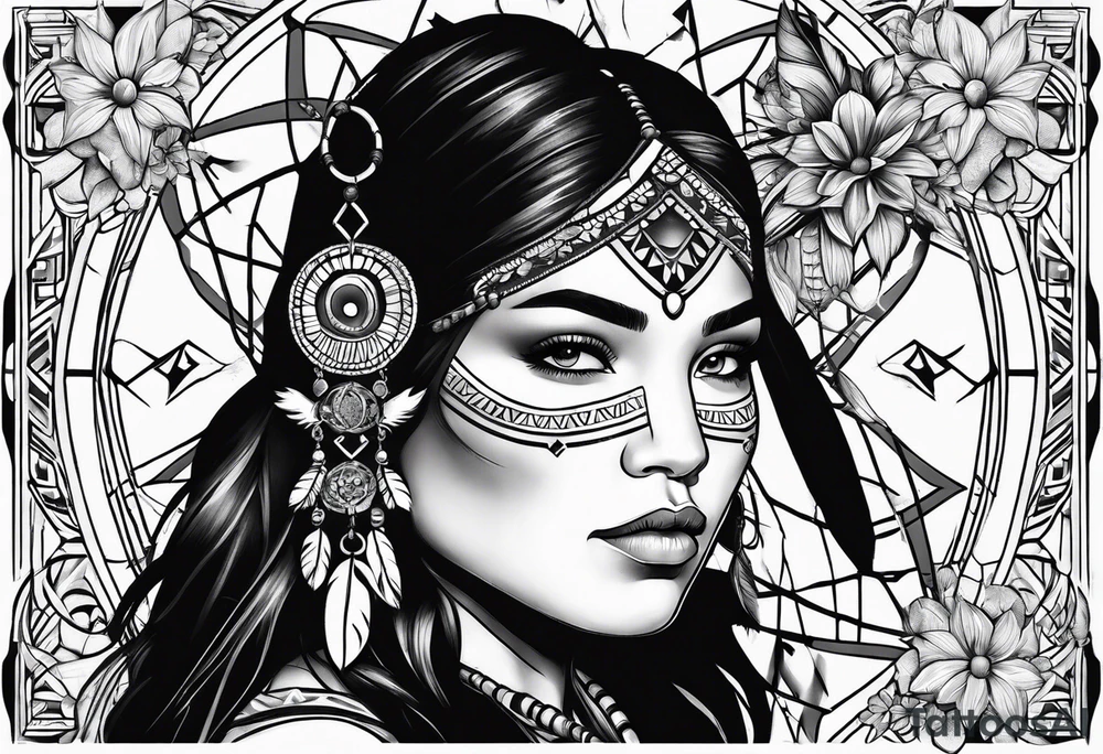 Native american girl, Taurus, flowers, dream catcher, pacific island tattoo idea