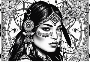 Native american girl, Taurus, flowers, dream catcher, pacific island tattoo idea