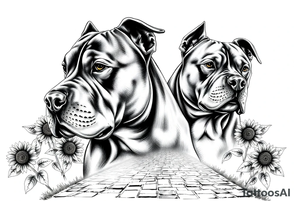 Very thick muscled up pitbull portraits fading into the background as filler incorporate sunflowers, an old road made from pavers tattoo idea