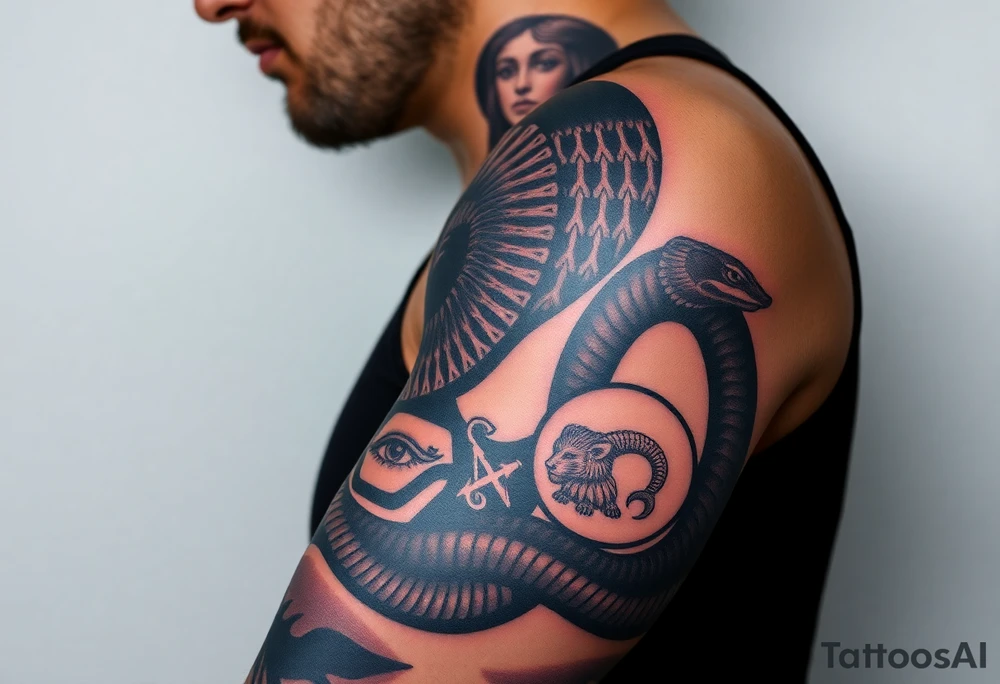 A DSLR photo of a full upper arm tattoo on a man's right arm, from neck to below the elbow. The tattoo shows the Egyptian goddess Renenutet with a serene and powerful female face, shaded with lifelike detail. Her eyes are vivid blue with white highlights. She wears a war crown (Mut or Isis style, with horns and a solar disk), and an ankh on the forehead. Her hair blends into a cobra hood that transitions into the serpent’s body wrapping around the entire arm. The cobra’s scales are deeply shaded black with white edge accents and subtle blue highlights on the back. The body coils protectively around the forearm, encircling three symbols: twin faces (Gemini), a lion’s head in relief (Leo), and a Capricorn with a horned goat and fish tail, each embedded in the snake’s body or stylized medallions. The tattoo glows slightly with white ink accents, giving it a vibrant, almost living presence. Photographed in soft studio lighting to highlight texture and shading, with visible skin grain and depth of ink. tattoo idea
