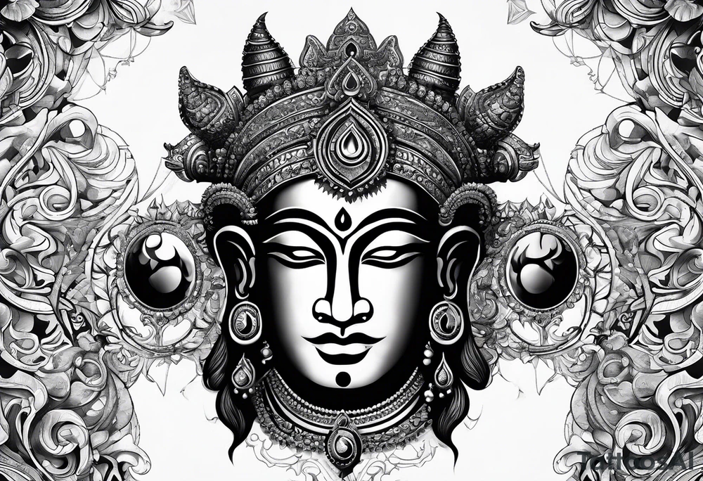 Half Shiva face and half hanuman face with a compass background tattoo idea