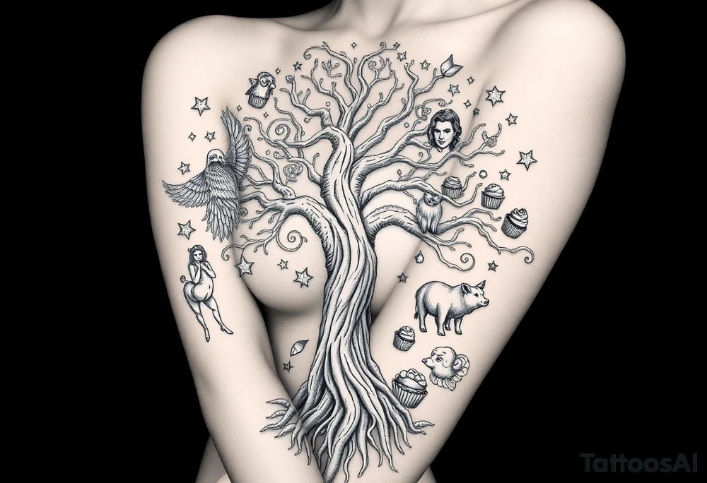 mystical tree of life with cosmic roots and celestial branches fat naked sexy woman , peacock , pig , cupcakes, liquor, cigerette, Storm clouds, pig, peacock , fat sexy naked fat woman, cupcakes, noose , money, goat, lion, couple having sex, cigerette storm lightening, killing, darkness tattoo idea