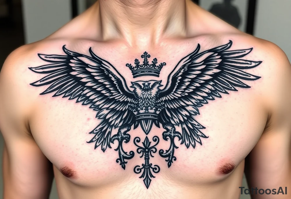 Chest tattoo,powerful two polish symetricals majestic darks eagles, surrounded by lure ornaments , between eagles a crown tattoo idea