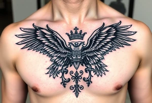 Chest tattoo,powerful two polish symetricals majestic darks eagles, surrounded by lure ornaments , between eagles a crown tattoo idea