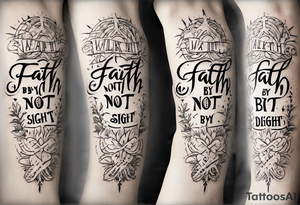 Horizontal inner bicep tattoo. “walk by faith, not by sight” tattoo idea