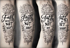 Horizontal inner bicep tattoo. “walk by faith, not by sight” tattoo idea