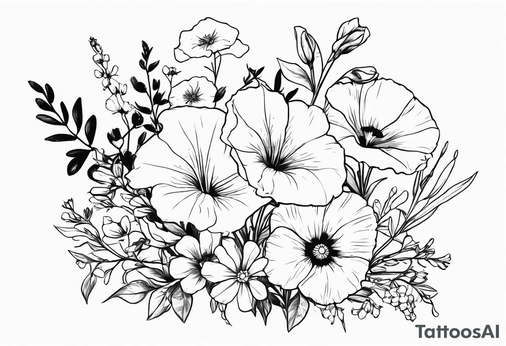 a long flower bouquet including sweet pea, larkspur, morning glory and cosmos tattoo idea