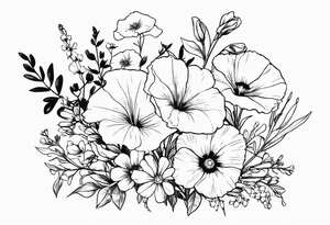 a long flower bouquet including sweet pea, larkspur, morning glory and cosmos tattoo idea