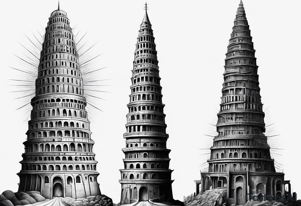 a surrealistic representation of the babel tower in the big bang tattoo idea