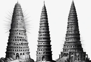 a surrealistic representation of the babel tower in the big bang tattoo idea
