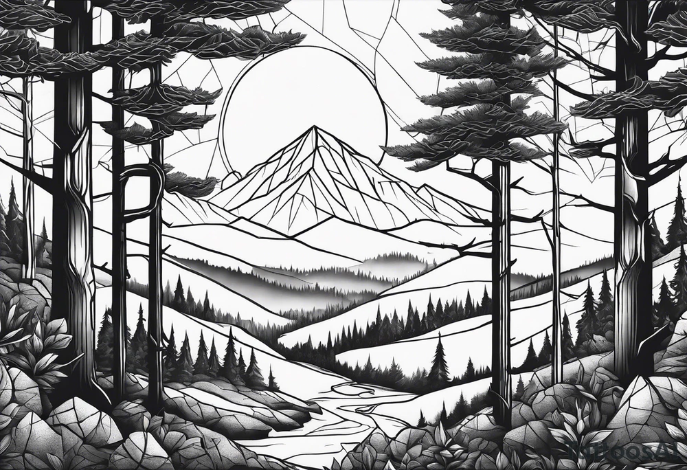 a forest along the edges where the mountains burn below and in the distance with full trees and emptiness in the middle tattoo idea