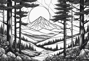 a forest along the edges where the mountains burn below and in the distance with full trees and emptiness in the middle tattoo idea