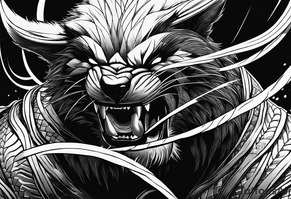 A wolverine animal fighting a snake with a vertical layout to go from shoulder to bicep tattoo idea