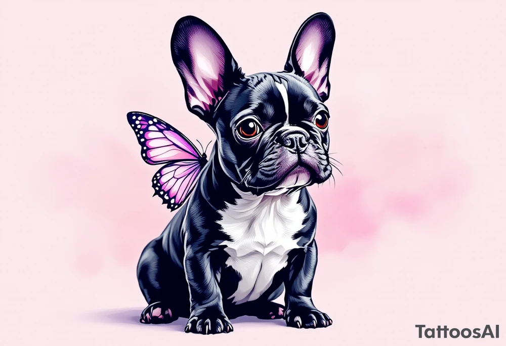 Black and white French Bulldog with butterfly wings, sitting calmly with a soft watercolor background in pastel pinks and purples. tattoo idea