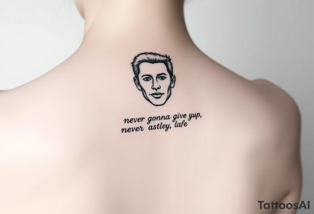 Rick Astley Face and Never Gonna Give You Up text tattoo idea