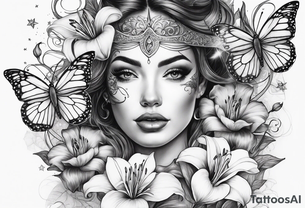 Harvey Ruby lillies flowers butterflies stars fantasy books half sleeve no person face tattoo idea