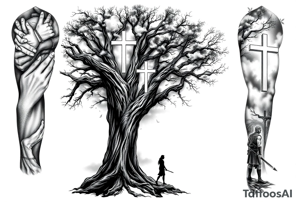 A highly detailed black and grey realism tattoo sleeve design that tells a story of faith, family, and perseverance. A large, deeply rooted tree with strong branches represents family and growth. Within the bark of the tree, hidden images of hands clasped together and a father guiding a child can be seen. A distant cross glows subtly through a stormy sky, symbolizing divine guidance. A warrior stands at the base of the tree, looking toward the cross, representing endurance through hardship. The design blends realism and abstract elements, with deep shadows at the base fading into light near the shoulder. tattoo idea