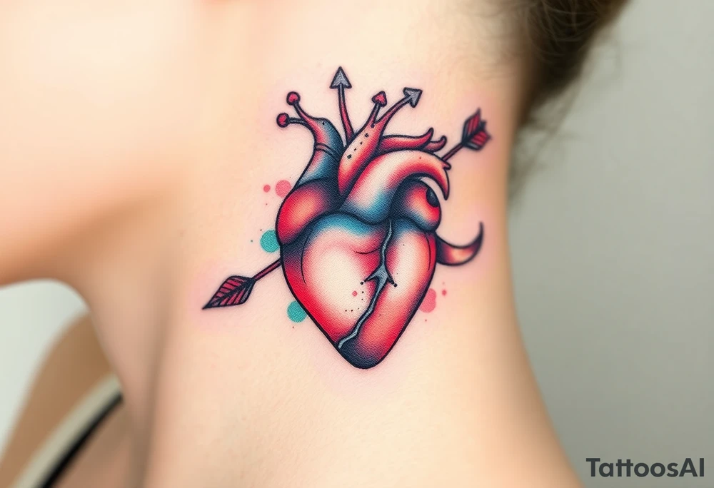 anatomical heart pierced by ornate arrow with flowing ribbons tattoo idea