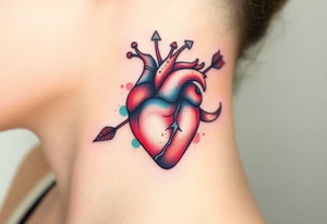 anatomical heart pierced by ornate arrow with flowing ribbons tattoo idea