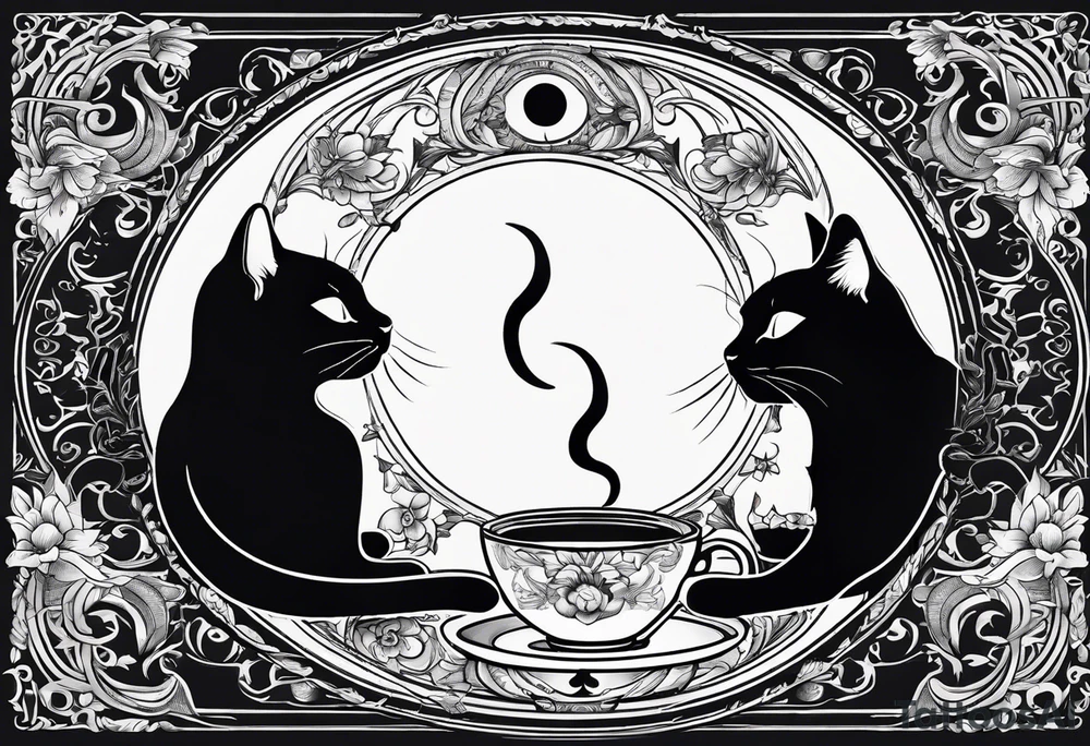 2 cats forming Ying and Yang. In the Center a Cup of coffee. tattoo idea