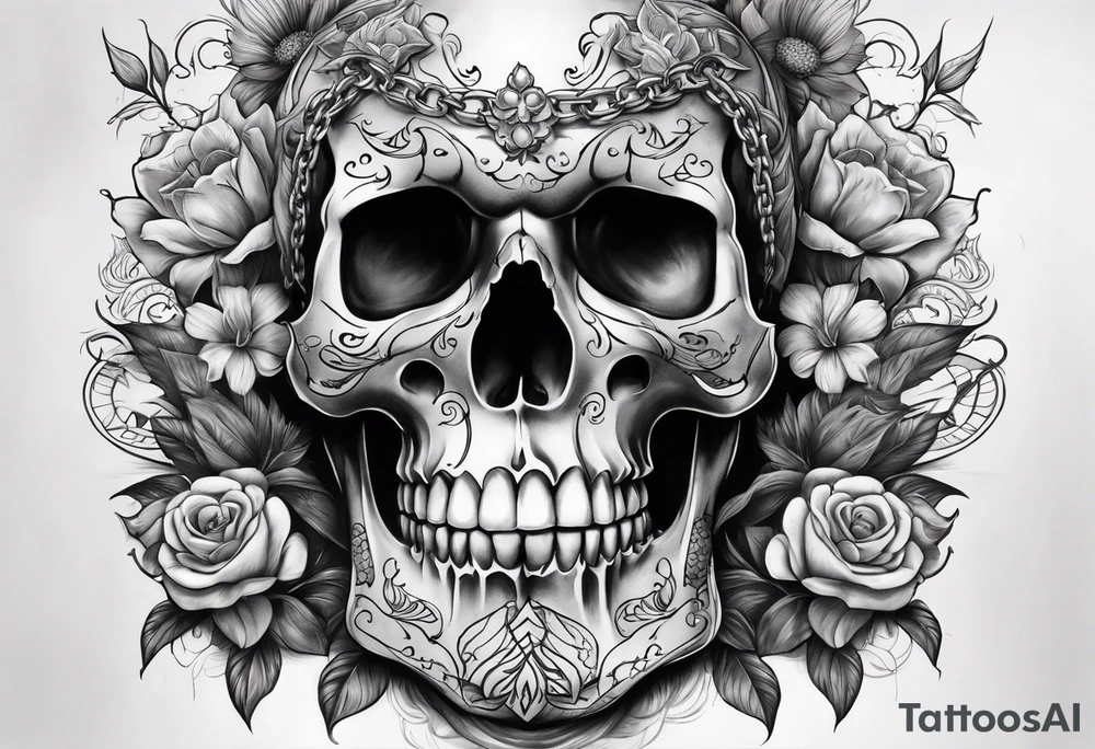 Draw me a skull with smoke out of his mouth add some flowers underneath with some ornamentals and Chains under it tattoo idea