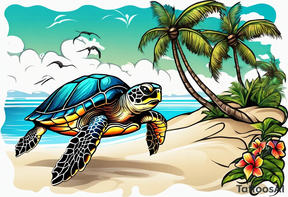 Sea turtle Beach tropical palm trees tattoo idea