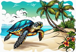 Sea turtle Beach tropical palm trees tattoo idea