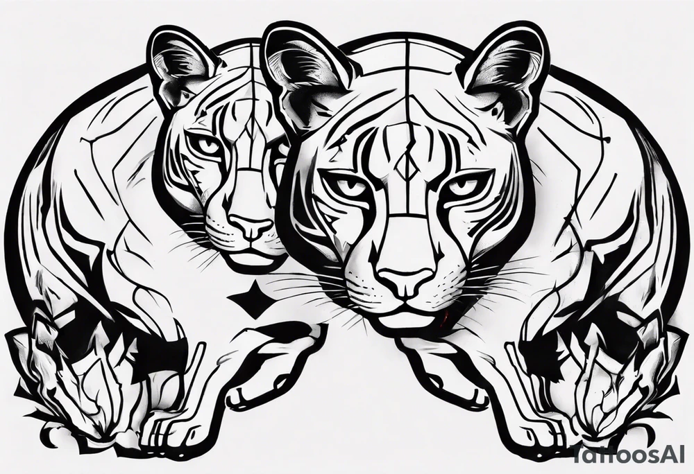 Generate a tattoo concept featuring two black pumas positioned on either side of a central element. Emphasize the pumas' details, such as their stance, facial expressions, and tail features. tattoo idea