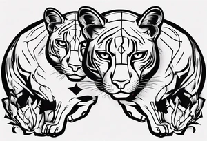 Generate a tattoo concept featuring two black pumas positioned on either side of a central element. Emphasize the pumas' details, such as their stance, facial expressions, and tail features. tattoo idea