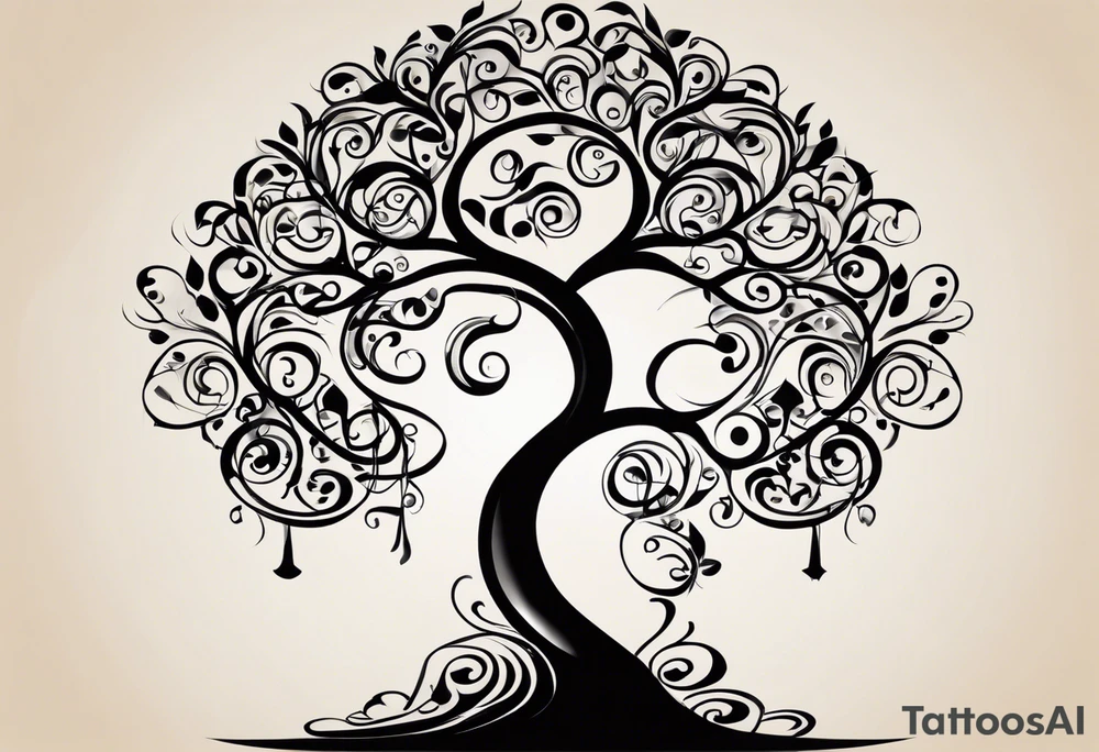A tattoo design that incorporates the following elements: an abstract tree of life that has roots emerging  from the ground. Waves of water wrap around the tree in a non symmetrical design.  Incorporate musical notes into the tree. the letters U and A are overlapping and engraved into the tree. A golf flag incorporated but not prominent tattoo idea