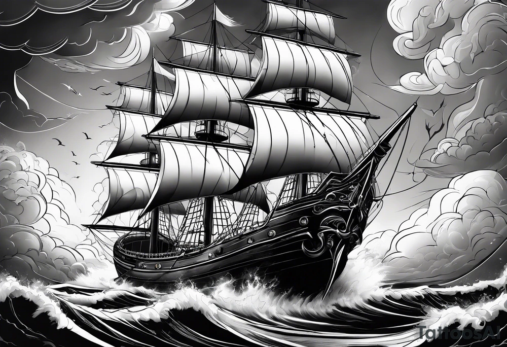 storm clouds with lightning surrounding a ship tattoo idea