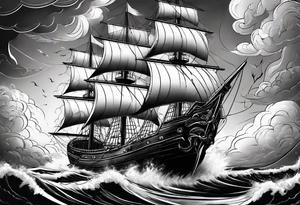 storm clouds with lightning surrounding a ship tattoo idea