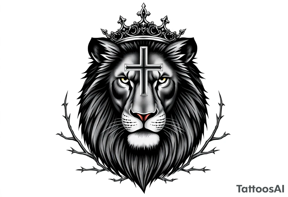 Large upper back tattoo design, centered and symmetrical.
A powerful, majestic male lion facing forward with an intense, calm gaze, ultra-detailed black and grey realism, highly defined mane and facial features.
The lion wears a royal ornamental crown resting naturally on its head.
A Christian cross embedded into the design, perfectly centered behind the lion’s head and mane, partially hidden and integrated, with only the outer edges and tips of the cross visible, as if the lion is emerging from it.
The cross is structural and symbolic, not floating, not overlapping in front of the lion.
Surrounding the lion are ornamental thorn elements only — sharp, elegant, symmetrical thorn vines wrapping around and framing the lion’s mane and shoulders.
NO flowers, NO leaves, NO birds, NO animals, NO skulls.
Strong contrast, bold clean linework, smooth shading, tattoo-ready, masculine, regal, spiritual, timeless design. tattoo idea
