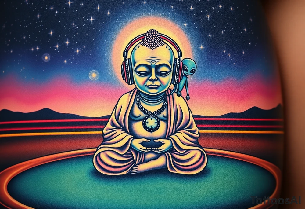 a dim celestial light shines over a curious wise chubby alien buddha who is wearing headphones and is calmly meditating on top of a texas hold'em table, and under a beautiful starry sky. There is a friendly alien sitting on his shoulder. tattoo idea