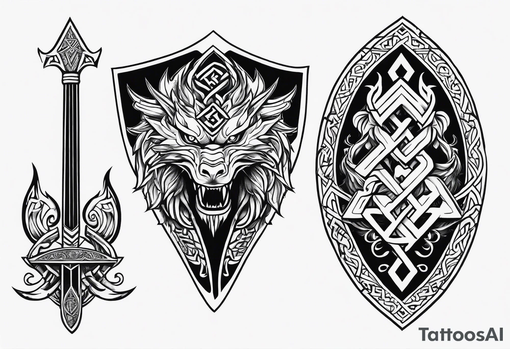 Valhalla sword shield dragon axe Valknut fire tattoo idea Valhalla sword shield dragon axe Valknut fire tattoo idea