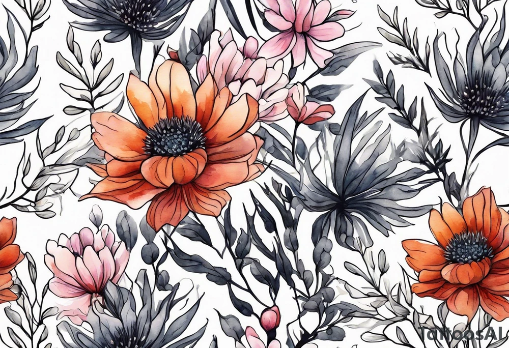 wildflowers with thistles, ferns, white flowers, cream flowers, pink flowers, burnt orange flowers, red flowers and all in watercolor tattoo idea