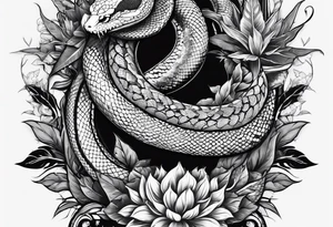 arm sleeve tattoo with a snake, gun, weed symbol that says HYDRA tattoo idea